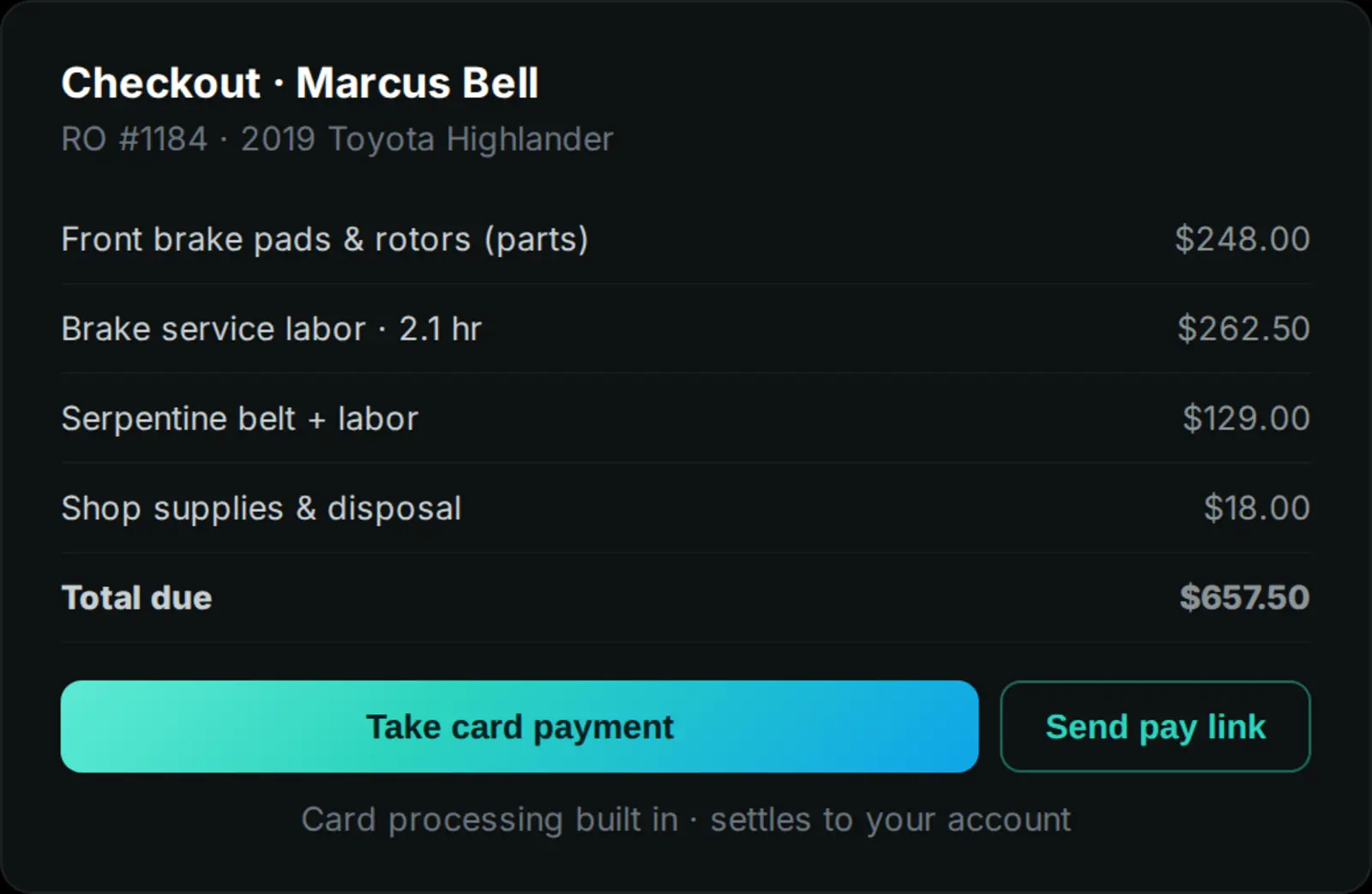 Counter checkout: the service, a retail item and a tip on one total, with any deposit already credited