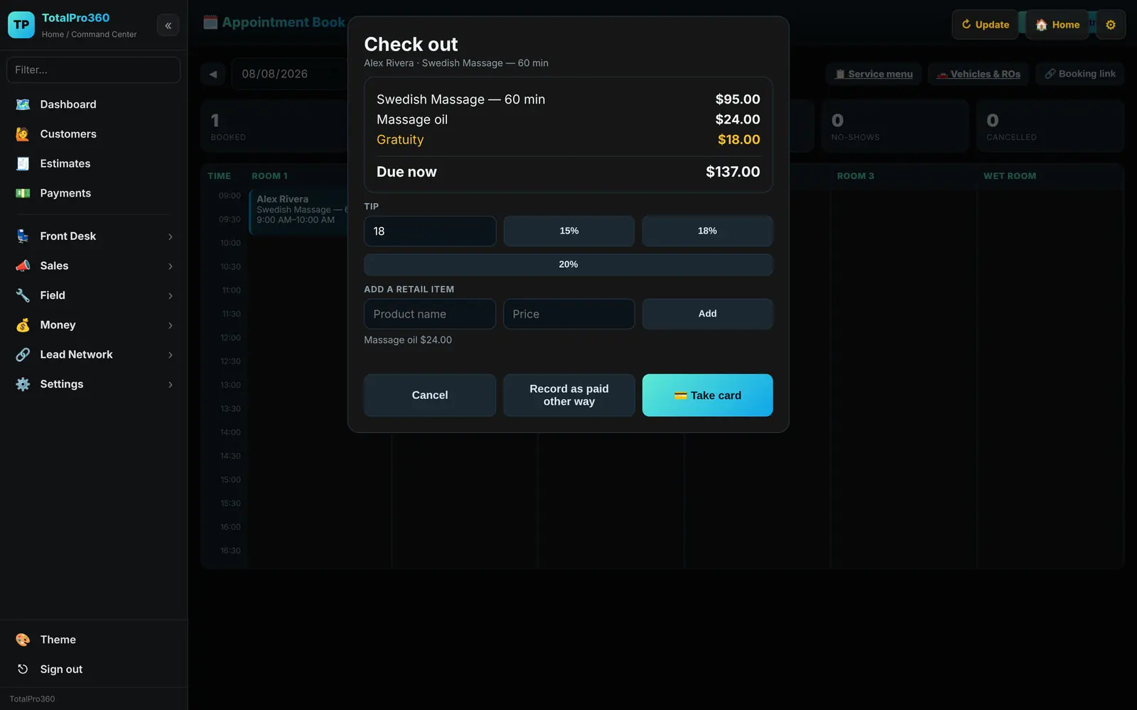 Counter checkout: the service, a retail item and a tip on one total, with any deposit already credited