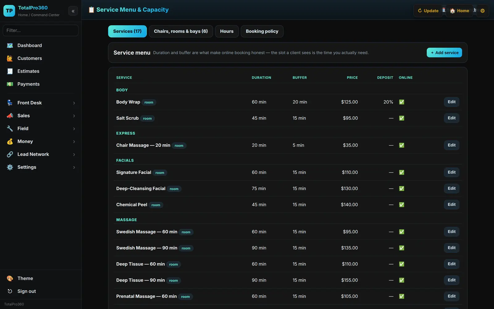 The service menu editor: duration, turnover buffer, price and deposit set per service