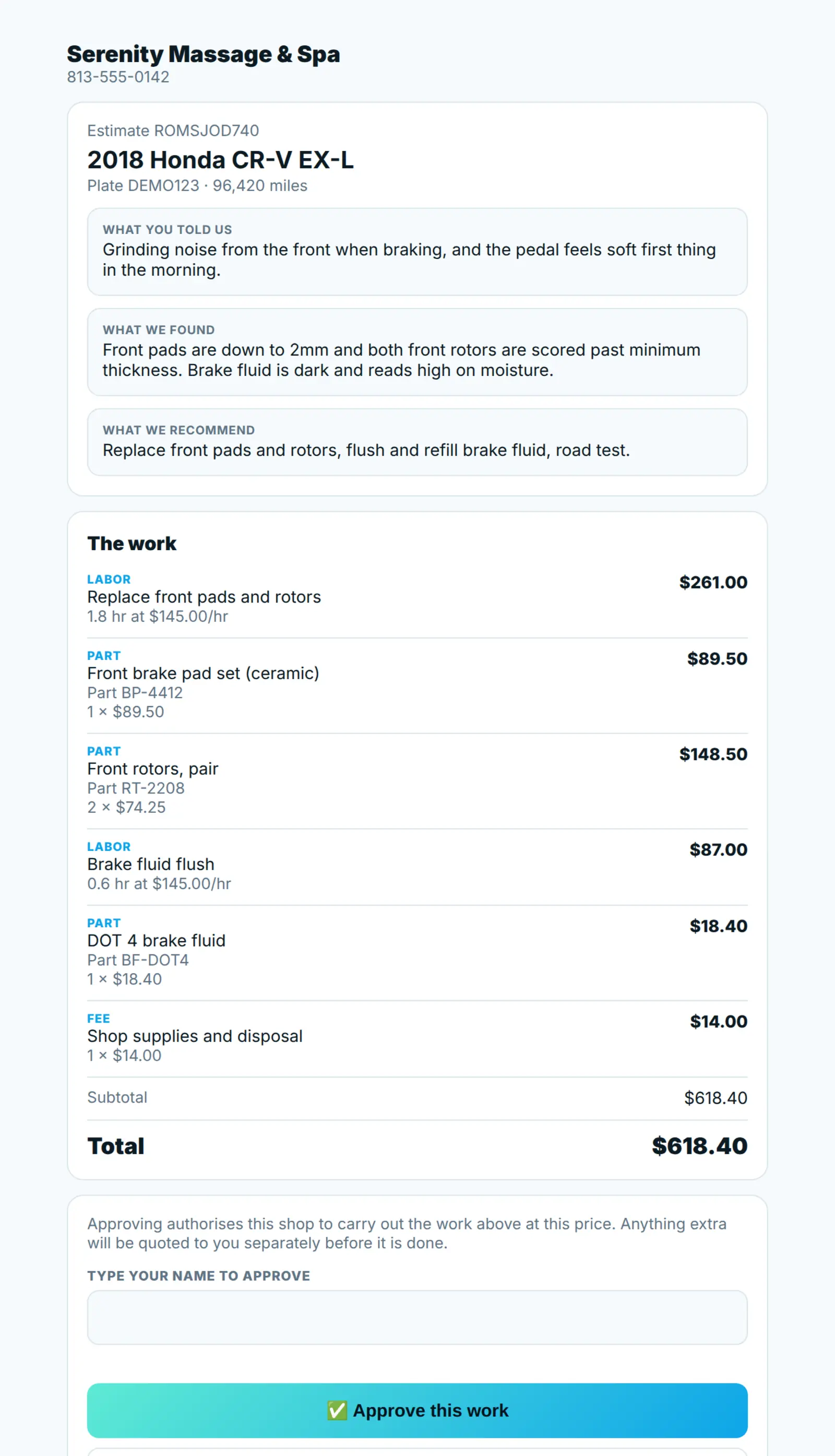 A repair order as the customer sees it: complaint, cause and correction, parts and labor lines, and the approval button