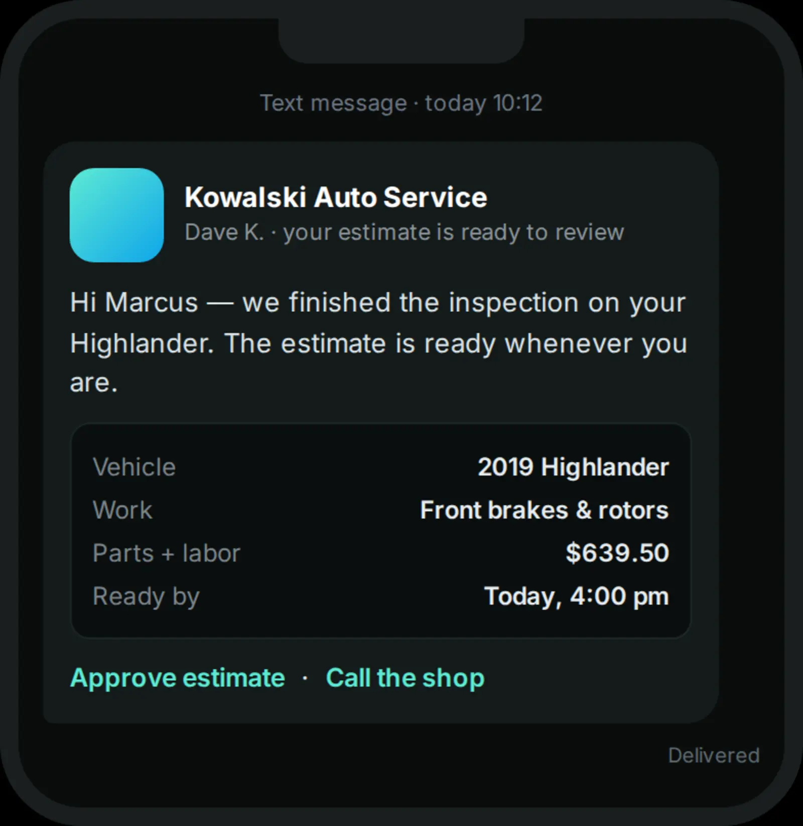The text confirmation a client receives, with the service, time, location and who they are seeing